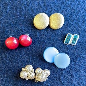 5 Pair Earrings Sets Gold, Red, Blue, and Silver Vintage Clip Ons